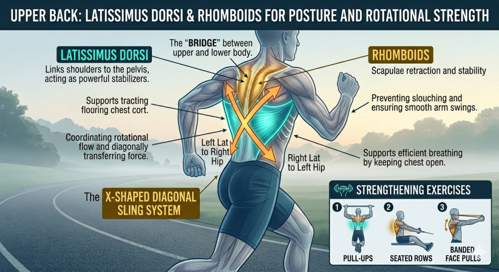 An anatomical illustration of a runner’s upper back highlighting the latissimus dorsi and rhomboid muscles, with X shaped arrows showing diagonal force transfer for posture, breathing efficiency, and rotational strength through these running muscles.