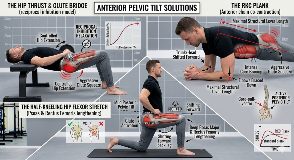 An educational infographic detailing corrective solutions for anterior pelvic tilt, demonstrating the hip thrust and glute bridge using a reciprocal inhibition model, the half-kneeling hip flexor stretch, and the RKC plank.