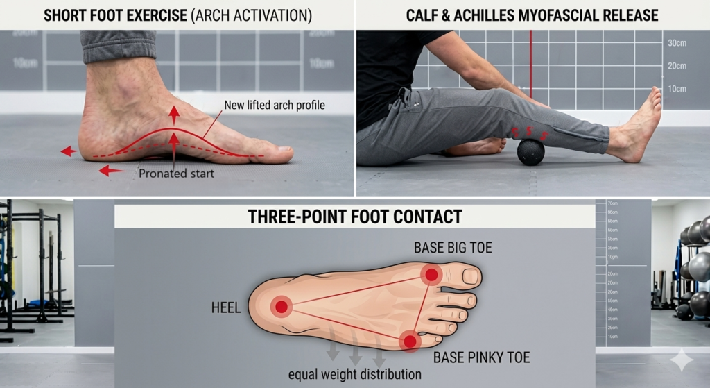 An educational infographic detailing foot and ankle corrective drills, featuring the short foot exercise for arch activation, calf and Achilles myofascial release with a lacrosse ball, and a diagram of three-point foot contact tripod stability.