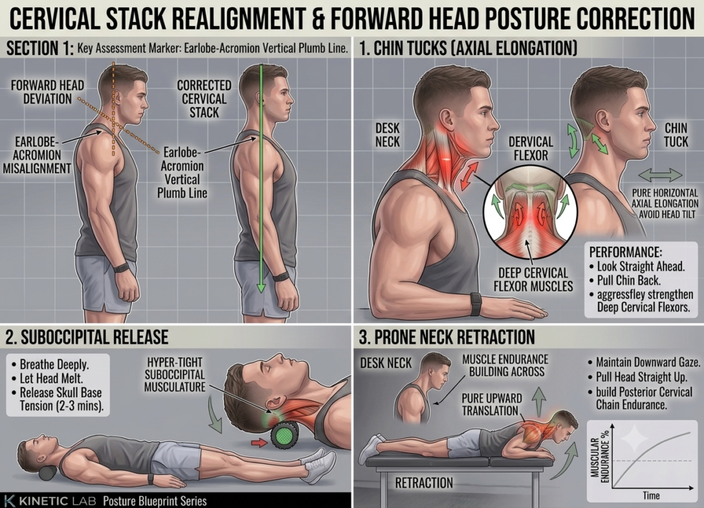 A technical multi-panel fitness infographic showing a male model demonstrating chin tucks for axial elongation, a suboccipital release using a release tool, and prone neck retractions against a gray grid background, featuring a plumb line side-profile profile tracking earlobe-to-acromion alignment.