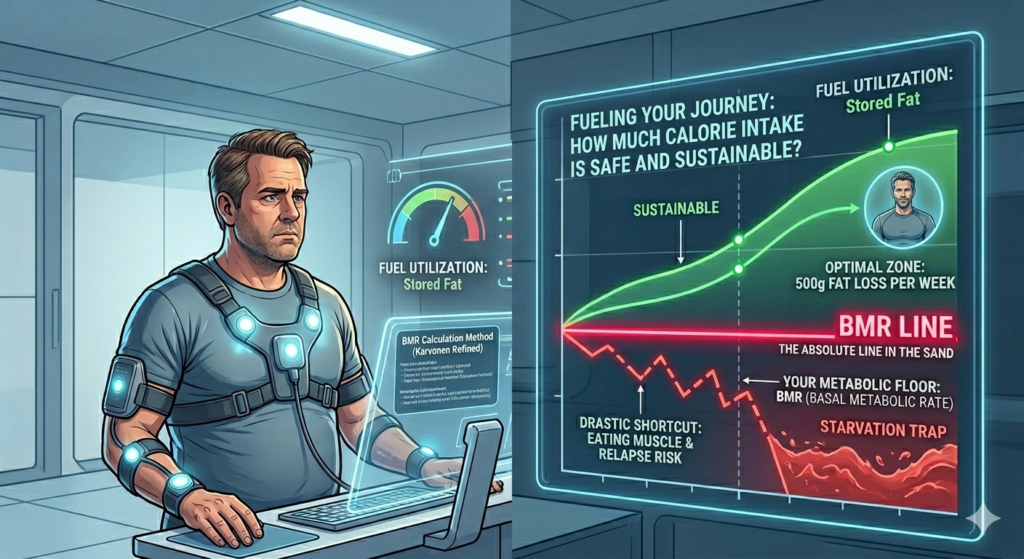 A stylized digital illustration showing a male athlete in a data lab using a transparent holographic display to visualize safe and sustainable calorie intake to restart fitness safely. The screen details fueling paths, fat loss zones, and metabolic floors.