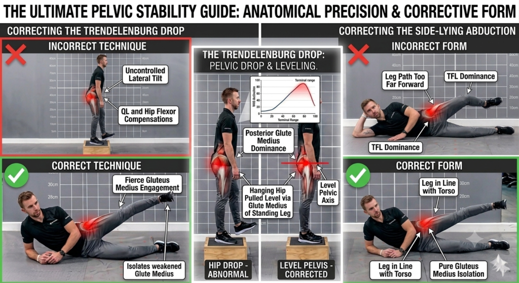 A multi-panel fitness infographic showing a scientific anatomical view of Gluteus Medius muscle activation and a two-step visual guide for correcting form on side-lying hip abductions to prevent pelvic hiking and QL dominance.