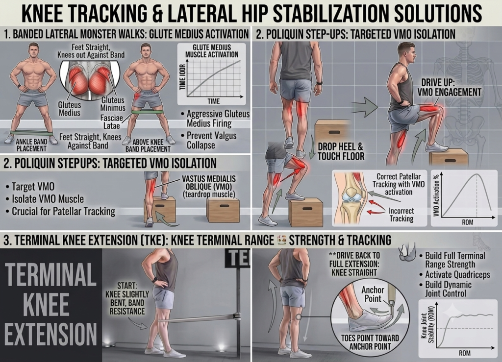 A clean multi-panel fitness infographic showing a male model demonstrating banded lateral monster walks, Poliquin step-ups, and Terminal Knee Extensions (TKEs) against a gray grid background, highlighting gluteus medius and vastus medialis oblique muscle activation to correct knee valgus and improve patellar tracking.