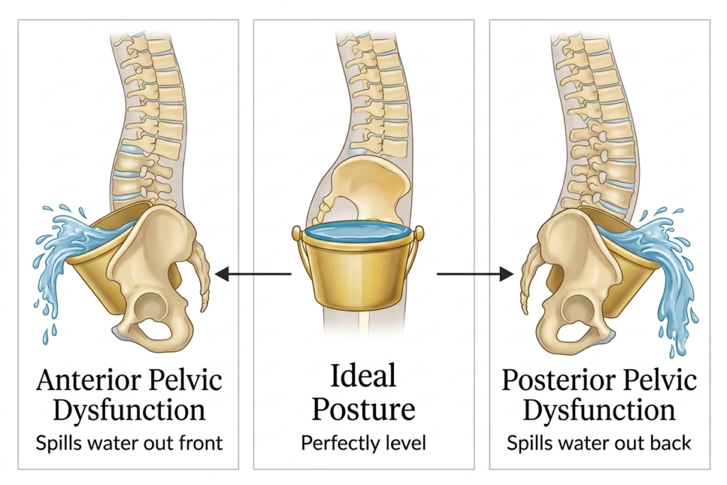 An anatomical infographic using a bucket of water analogy to demonstrate different pelvic alignment variations during a static posture assessment, comparing anterior pelvic tilt, neutral ideal posture, and posterior pelvic tilt.
