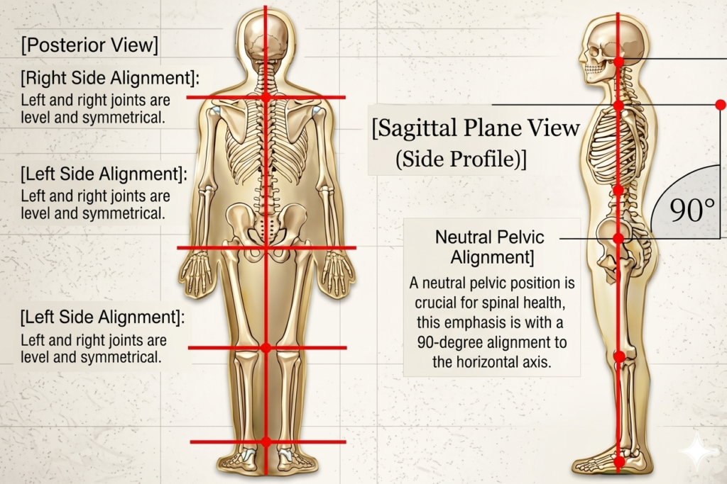 Anatomical diagram demonstrating a static posture assessment using a vertical plumb line reference grid in both posterior view and sagittal plane side profile views.