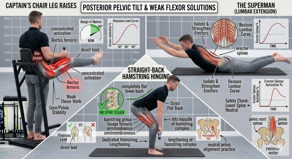 An educational infographic detailing corrective exercises for posterior pelvic tilt and weak hip flexors, demonstrating Captain's Chair leg raises, the Superman lumbar extension, and straight-back hamstring hinging.