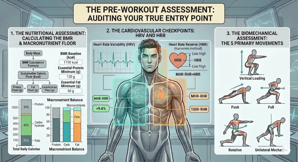 A multi-panel illustrative infographic titled "The Pre-Workout Assessment: Auditing Your True Entry Point." It features three sections: a Nutritional Assessment with data charts, a Cardiovascular Checkpoints section with HRV and HRR formulas and graphs, and a Biomechanical Assessment showing 5 primary movement patterns (Vertical Loading, Push, Pull, Rotation, Unilateral Mechanics) to restart fitness safely.