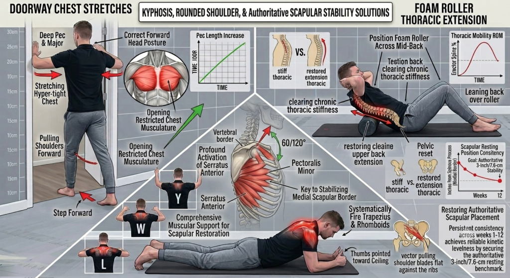 A technical multi-panel fitness infographic showing a male model demonstrating doorway chest stretches, prone Y-T-W-L scapular drills, and foam roller thoracic extensions to correct kyphosis and rounded shoulders, featuring an anatomical chart of the 60-120 degree shoulder rotation split and a 12-week chart tracking the 3-inch scapular resting position benchmark.