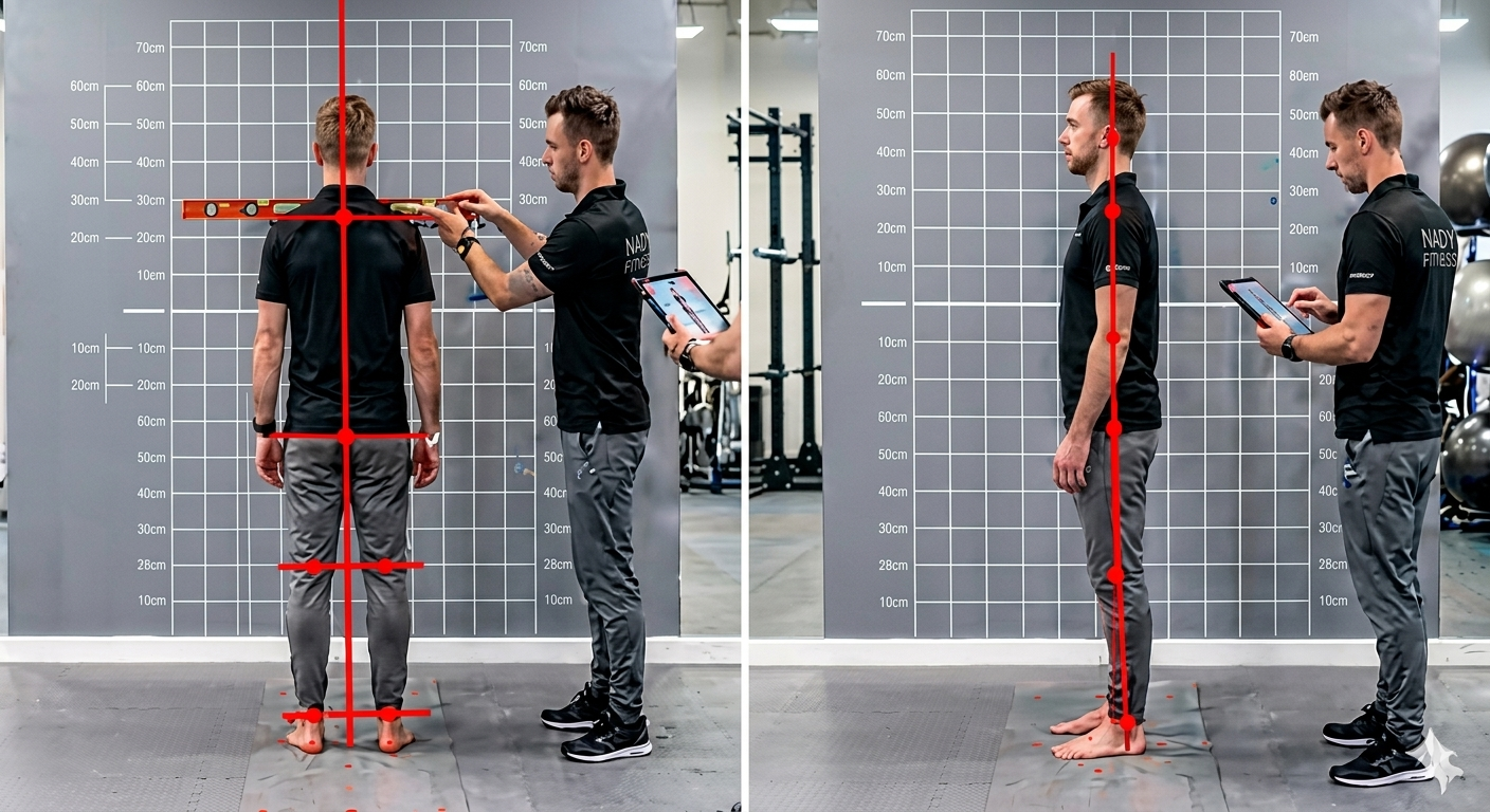 A two-panel photograph showing a fitness professional conducting a static posture assessment using a background measurement grid and a vertical plumb line reference to analyze a subject's structural symmetry from posterior and sagittal views.