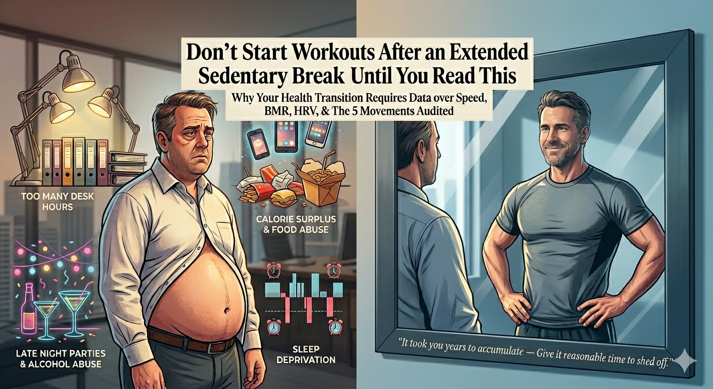 An illustration contrasting an overweight man and his fit, athletic reflection, labeled with data on sedentary habits, BMR, HRV, and movement audits for safe weight loss or to restart fitness safely.
