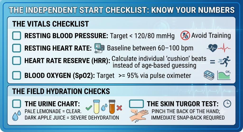 Medical dashboard checklist of baseline health vitals and field hydration tests required to safely start exercising after 40.