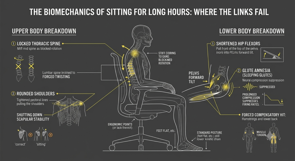 Biomechanical blueprint diagram highlighting muscle imbalances and joint restrictions caused by desk work to fix before you start exercising after 40.