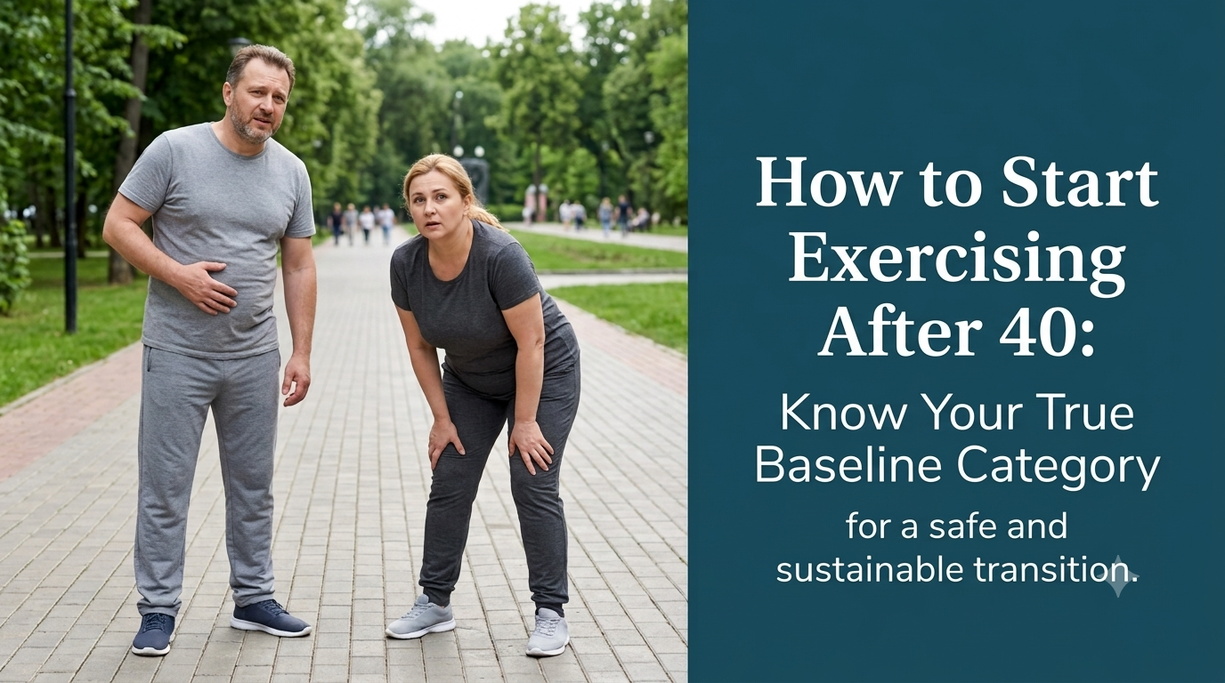 An objective assessment graphic of 2 people over 40 who wish to transition from a sedentary lifestyle and step into fitness journey. The post tells them how exactly to go about it safely and sustainably and start exercising after 40.